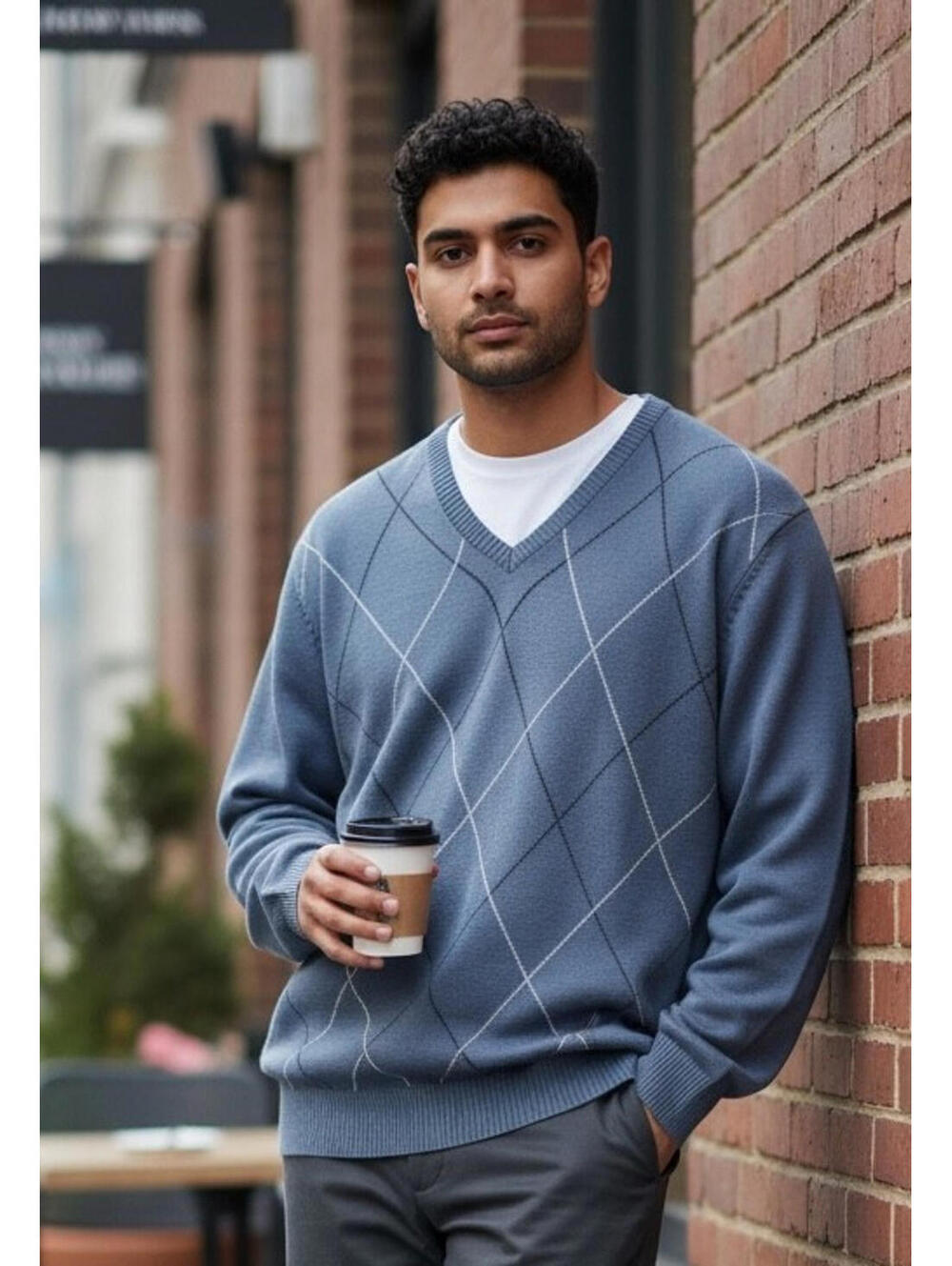 Mens Arrow V Neck Argyle Sweater, Sz XLarge, Med Blue, Classic, Sporty, Formal